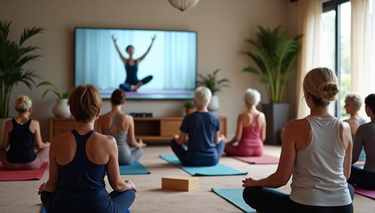 a group of senior citizen yoga participates and the yoga instruction is coming from the television