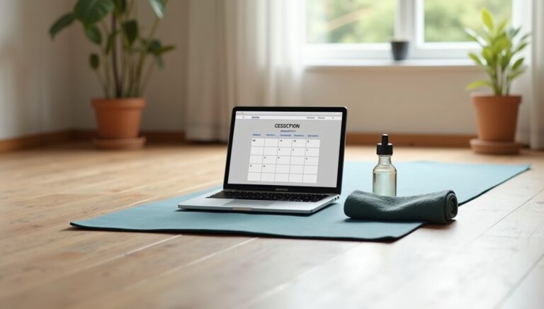 a laptop with a yoga schedule on the screen sitting on top of a yoga mat.