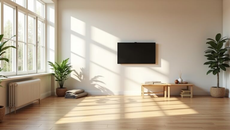 an empty yoga studio with a tv mounted on the wall
