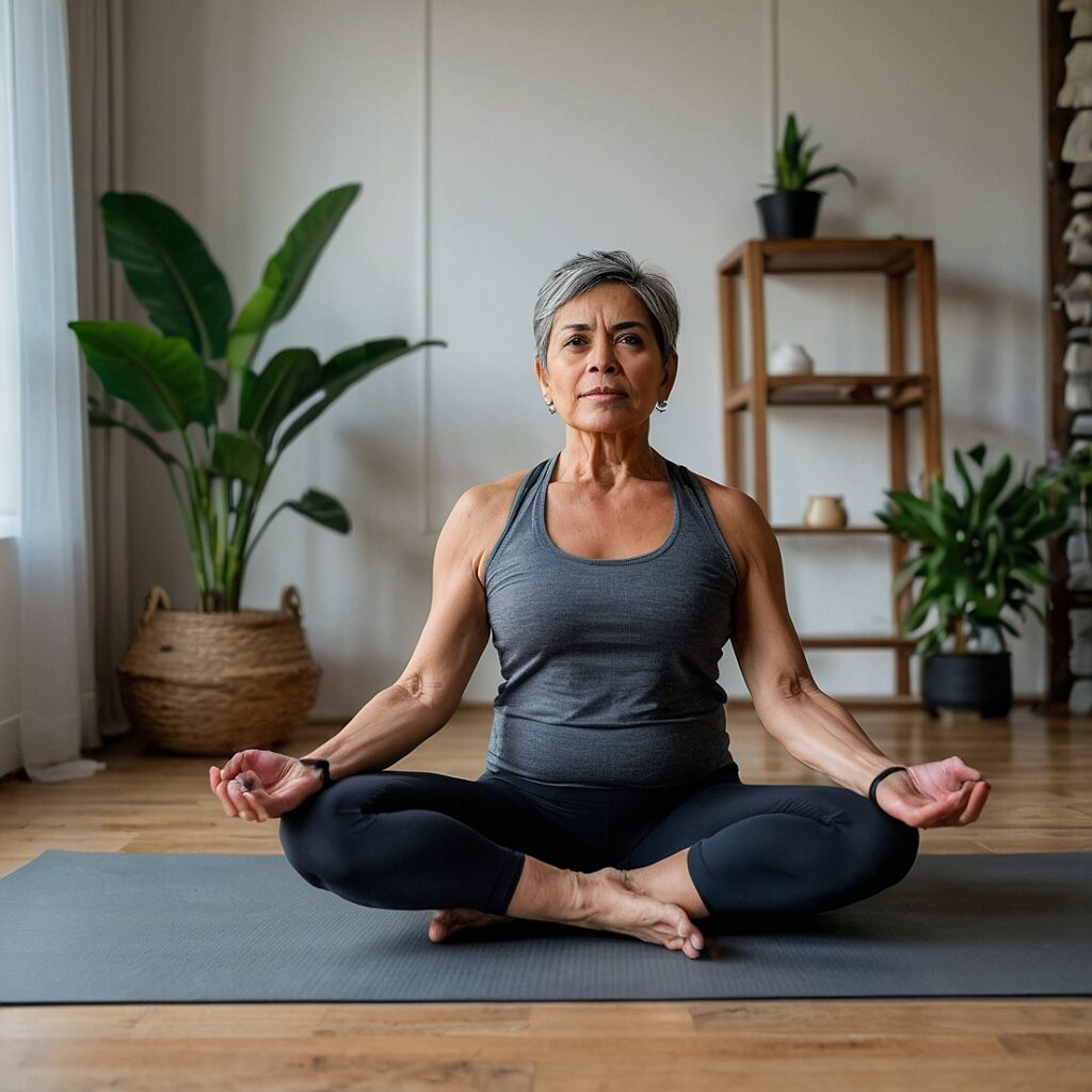 a middle-aged woman doing a yoga pose