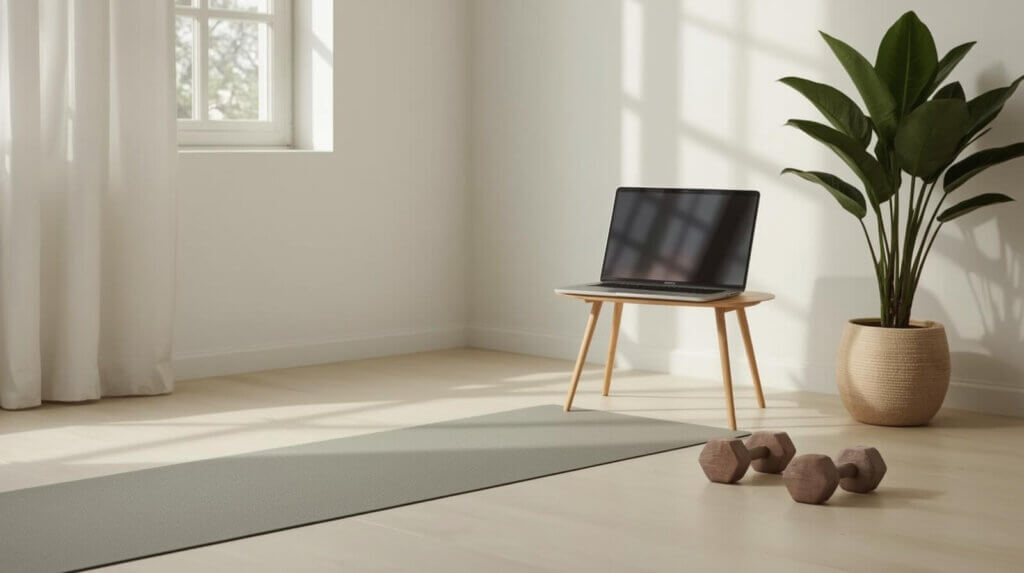 Calm home workout space with yoga mat, light weights, laptop, and resistance bands arranged neatly in soft natural light, designed for virtual fitness sessions.